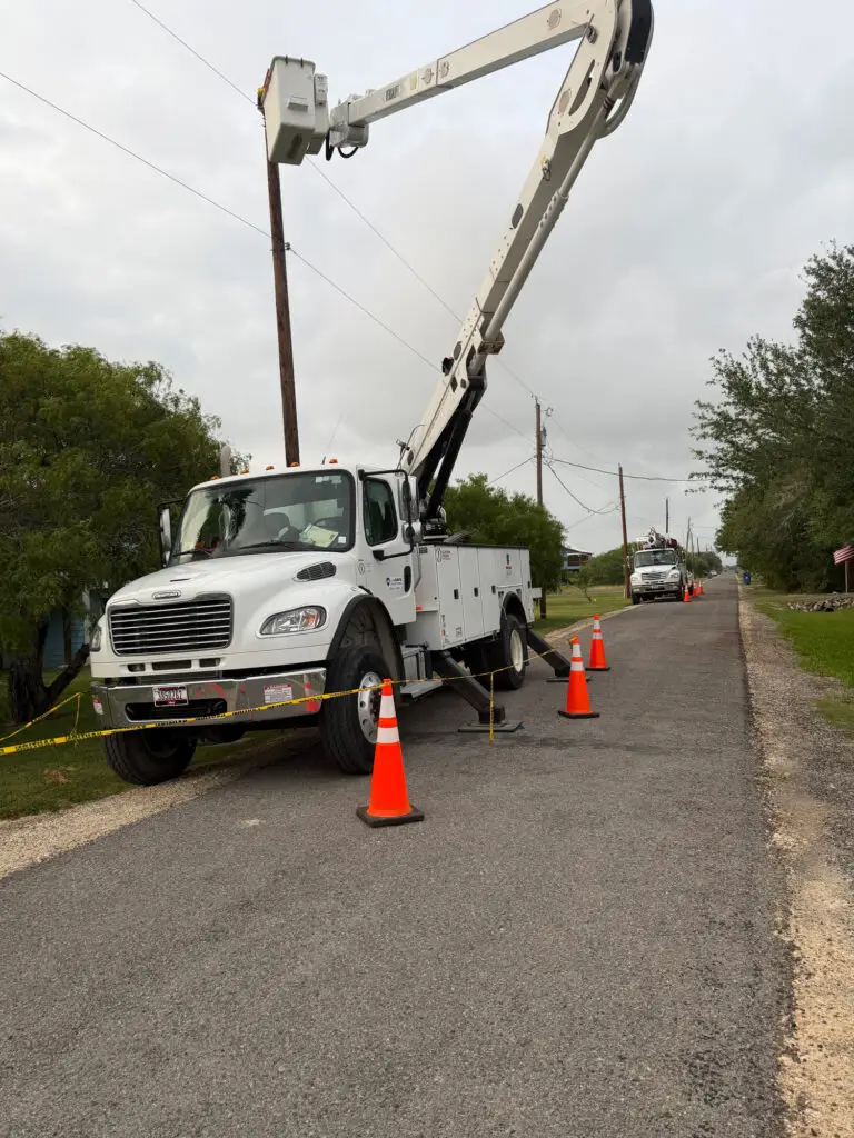 Storm response utility crews repair a single-phase electrical distribution circuit following storm damage in Corpus Christi TX.